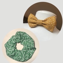 Charger l'image dans la galerie, Lot 1 chouchou + 1 noeud papillon • coton vert à pois #6 et coton jaune à pois #5