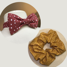 Charger l'image dans la galerie, Lot 1 chouchou + 1 noeud papillon • coton jaune à pois #5 et coton terracotta à pois #7