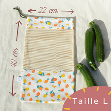 Charger l'image dans la galerie, EN STOCK Lot de 4 sacs à vrac / pochons de rangement 100% coton bio - TAILLES M/L/XL - motif citrons