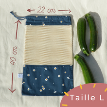 Charger l'image dans la galerie, EN STOCK Lot de 4 sacs à vrac / pochons de rangement 100% coton bio - TAILLES M/L/XL - motif marguerites #2