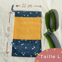 Charger l'image dans la galerie, EN STOCK Lot de 4 sacs à vrac / pochons de rangement 100% coton bio - TAILLES M/L/XL - motif marguerites #1