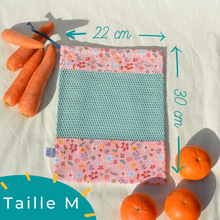 Charger l'image dans la galerie, EN STOCK Lot de 2 sacs à vrac / pochons de rangement 100% coton bio - TAILLES M - motif fleurs roses