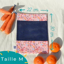 Charger l'image dans la galerie, EN STOCK Lot de 4 sacs à vrac / pochons de rangement 100% coton bio - TAILLES M/L/XL - motif fleurs roses #2