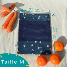Charger l'image dans la galerie, EN STOCK Lot de 4 sacs à vrac / pochons de rangement 100% coton bio - TAILLES S/M - motif marguerites bleu marine