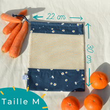 Charger l'image dans la galerie, EN STOCK Lot de 2 sacs à vrac / pochons de rangement 100% coton bio - TAILLES M - motif marguerites bleu marine