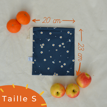Charger l'image dans la galerie, EN STOCK Lot de 2 sacs à vrac / pochons de rangement 100% coton bio - TAILLES S - motif marguerites bleu marine