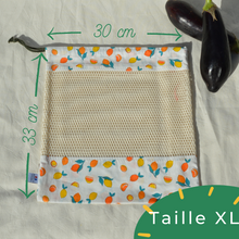 Charger l'image dans la galerie, EN STOCK Lot de 4 sacs à vrac / pochons de rangement 100% coton bio - TAILLES M/L/XL - motif citrons