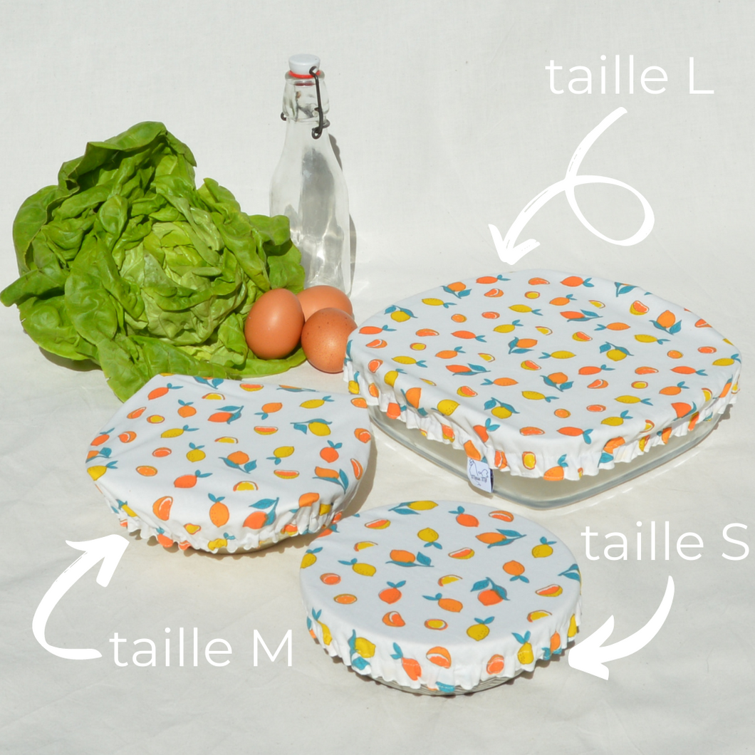 Lot de 3 couvre-plats lavables en coton bio - TAILLES S/M/L - motif citrons