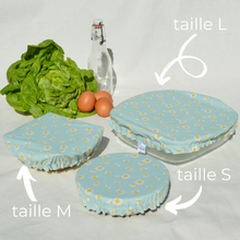 Charger l'image dans la galerie, Lot de 3 couvre-plats lavables en coton bio - TAILLES S/M/L - motif pâquerettes