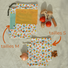 Charger l'image dans la galerie, EN STOCK Lot de 4 sacs à vrac / pochons de rangement 100% coton bio - TAILLES S/M - motif citrons