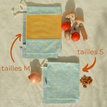 Charger l'image dans la galerie, Lot de 4 sacs à vrac 100% coton bio - TAILLES S/M - motif pâquerettes