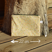 Charger l'image dans la galerie, EN STOCK Pochette de rangement 16x22cm en coton bio - motif liberty à zip kaki