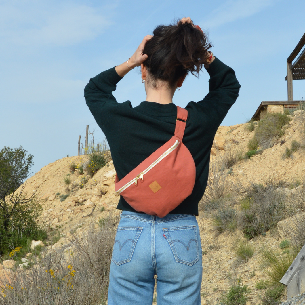 EN STOCK Sac banane XXL - gabardine de coton rose-terracotta / zip double curseur blanc et doré