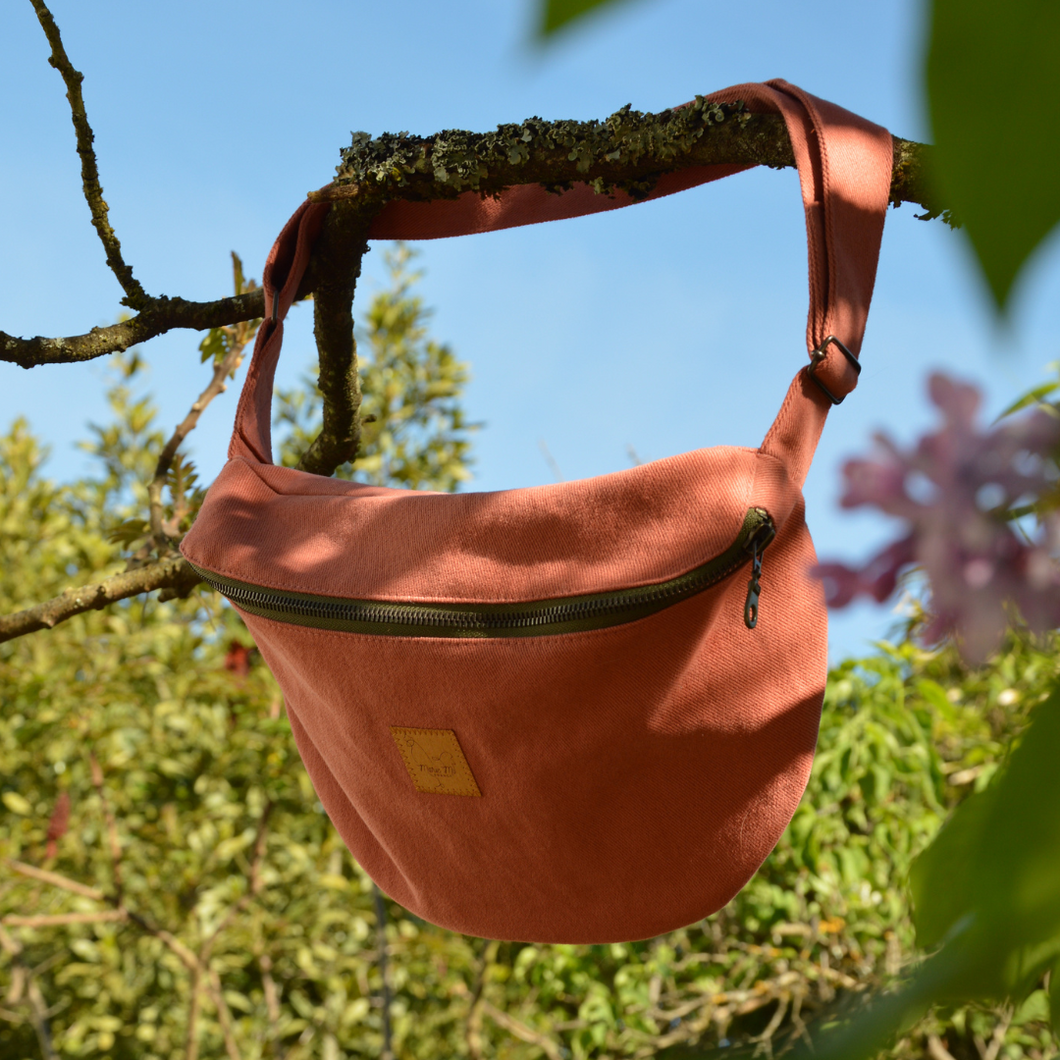 Sac banane XXL - gabardine de coton rose-terracotta / zip kaki