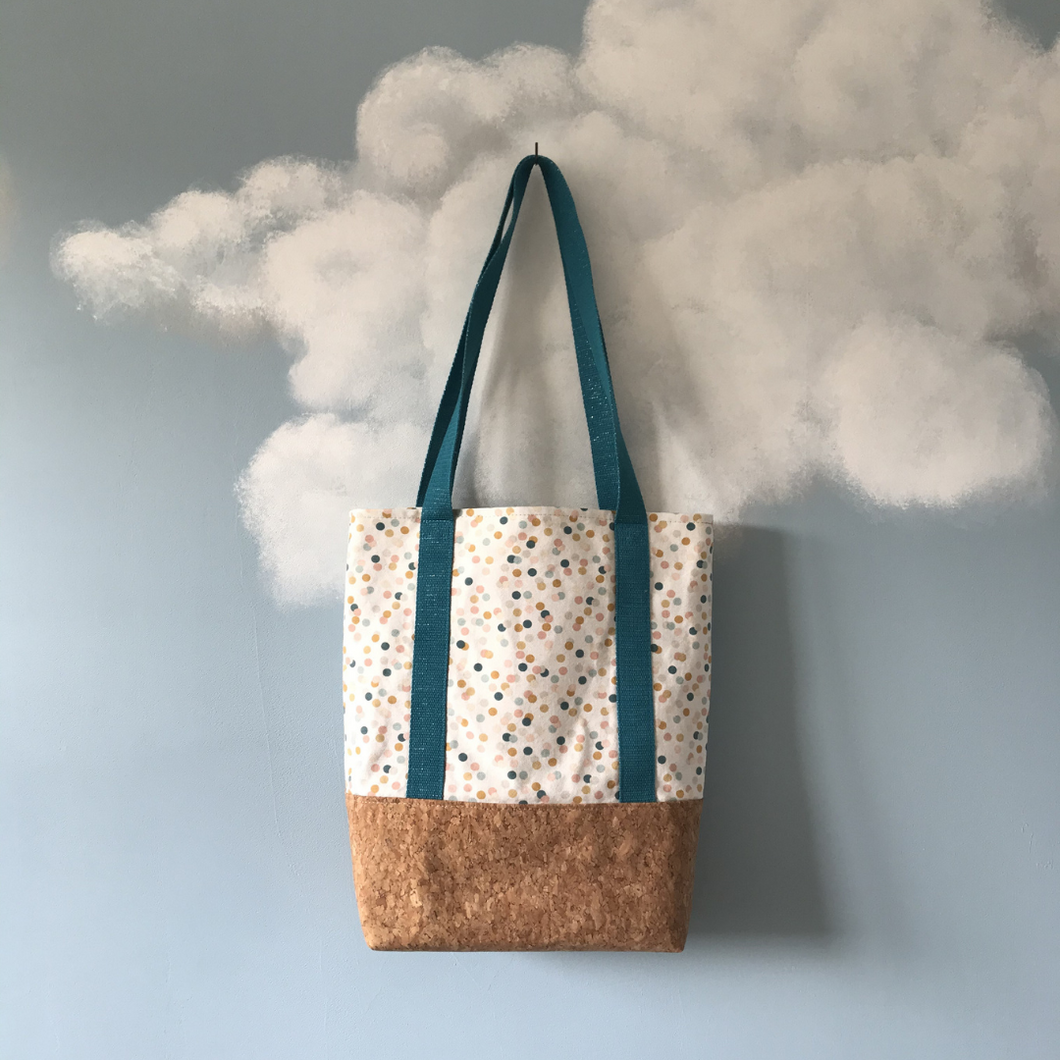 Tote bag liège et bleu pétrole à pois