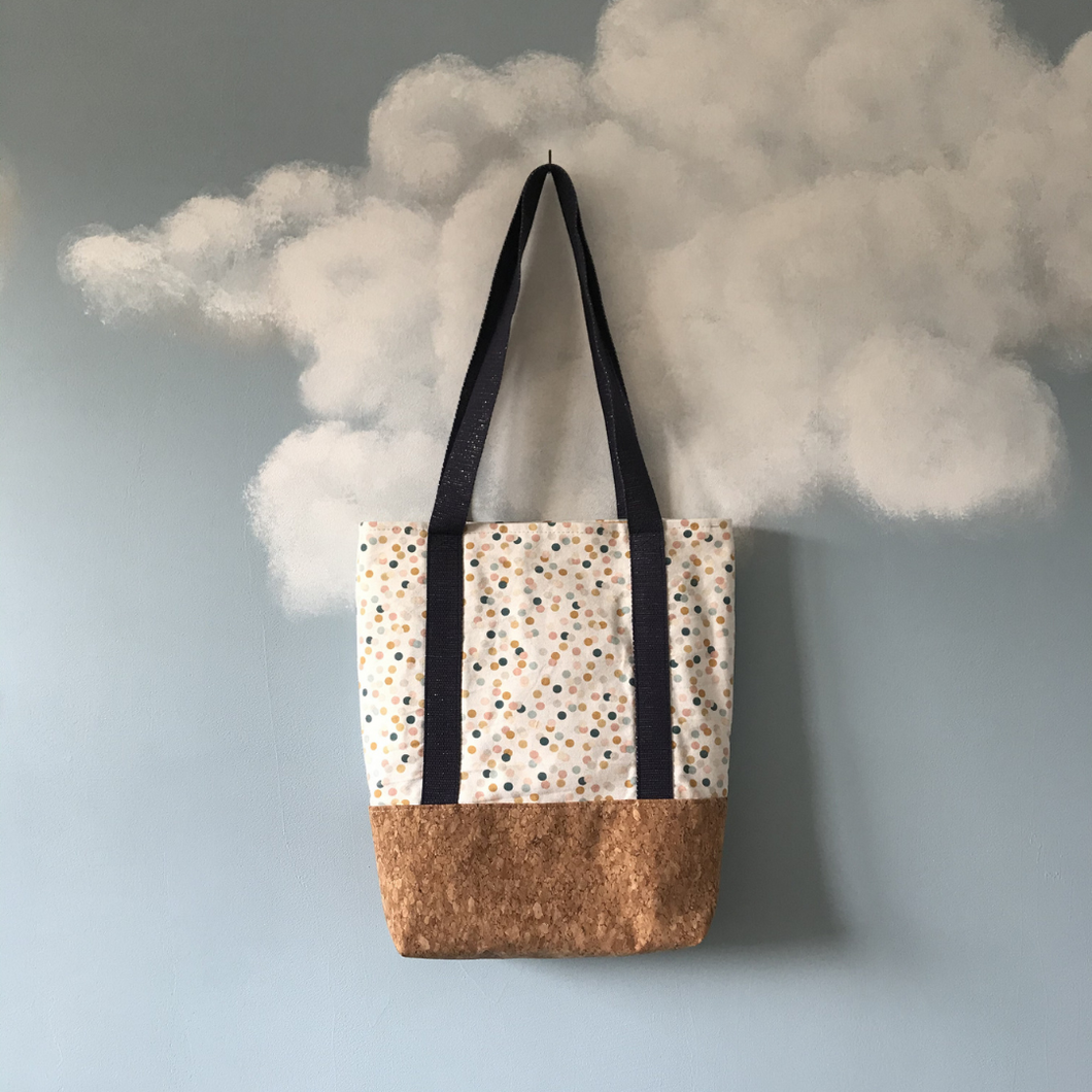 Tote bag liège et bleu marine à pois