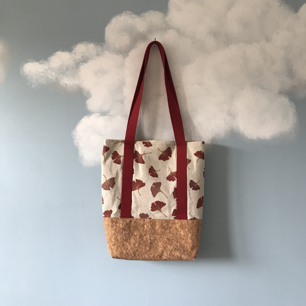 Tote bag Ginkgo biloba en liège et rouge bordeaux