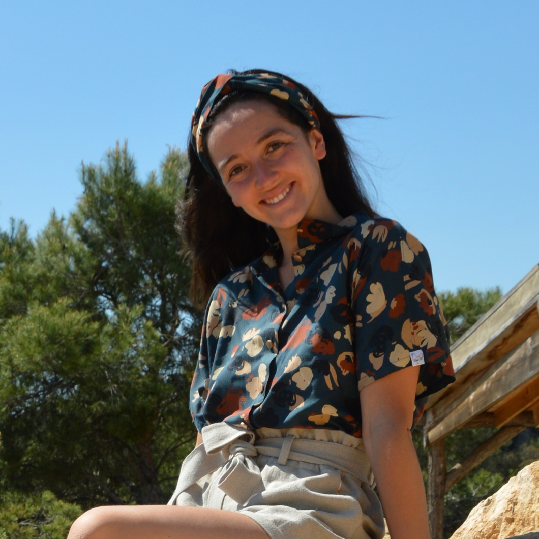 EN STOCK Headband ajustable en viscose Ecovero (fleurs beige et terracotta sur fond bleu)