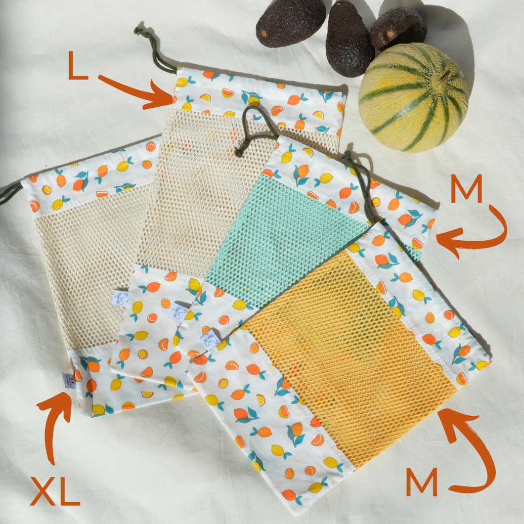 EN STOCK Lot de 4 sacs à vrac / pochons de rangement 100% coton bio - TAILLES M/L/XL - motif citrons