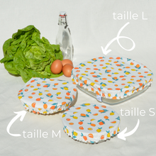 Charger l&#39;image dans la galerie, Lot de 3 couvre-plats lavables en coton bio - TAILLES S/M/L - motif citrons
