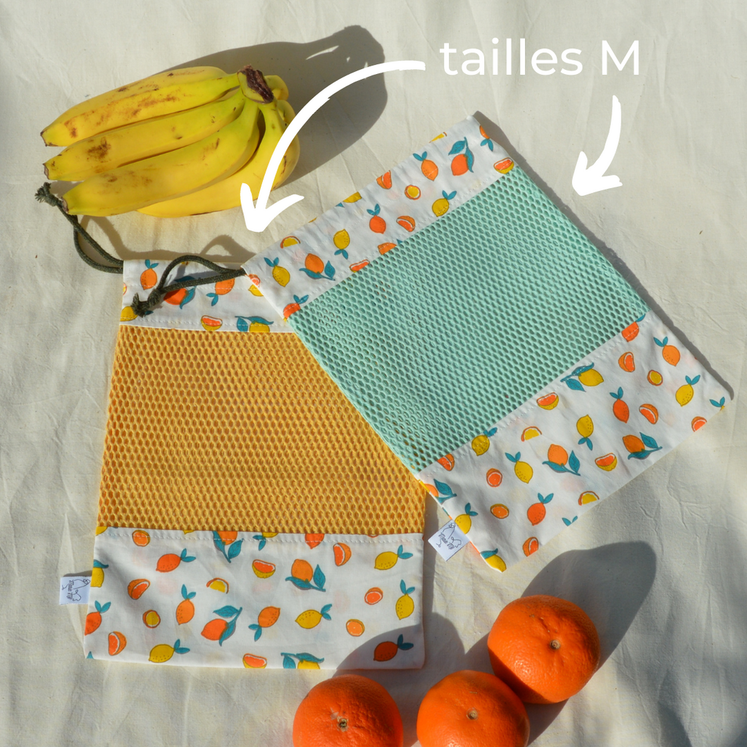 EN STOCK Lot de 2 sacs à vrac / pochons de rangement 100% coton bio - TAILLES M - motif citrons