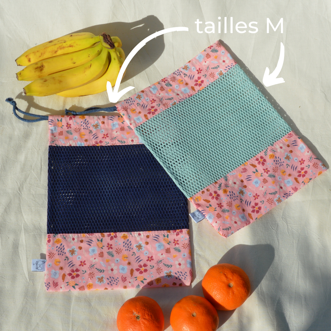 EN STOCK Lot de 2 sacs à vrac / pochons de rangement 100% coton bio - TAILLES M - motif fleurs roses