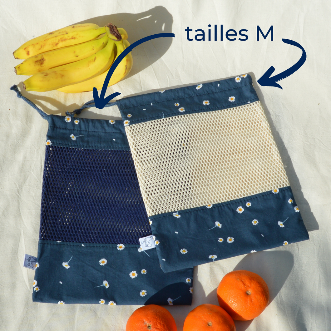 EN STOCK Lot de 2 sacs à vrac / pochons de rangement 100% coton bio - TAILLES M - motif marguerites bleu marine