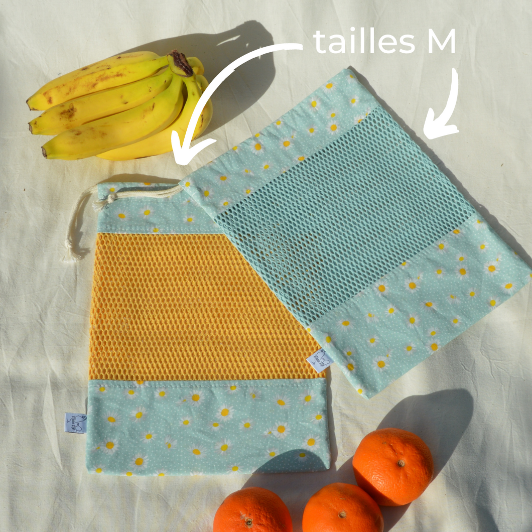 EN STOCK Lot de 2 sacs à vrac / pochons de rangement 100% coton bio - TAILLES M - motif pâquerettes