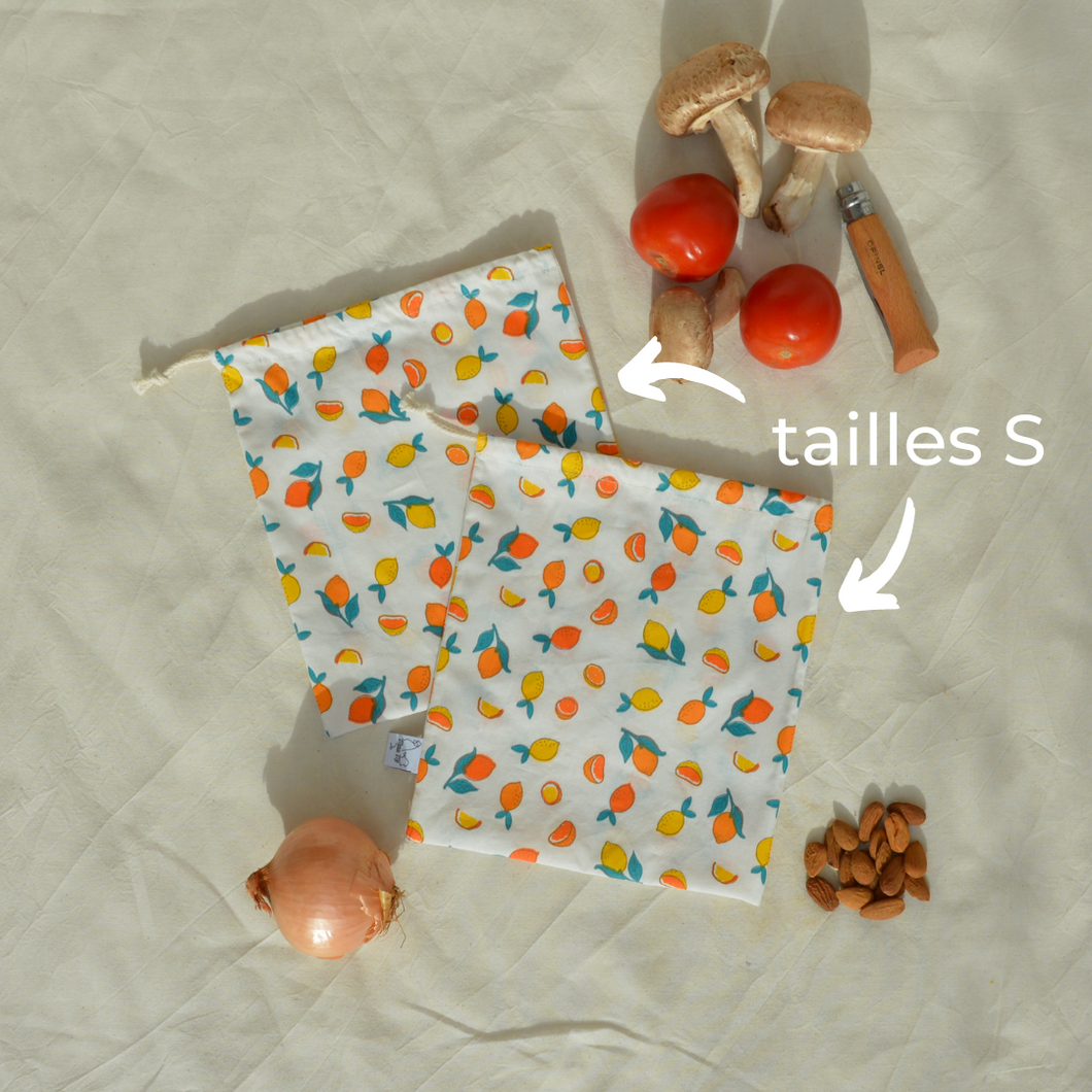 EN STOCK Lot de 2 sacs à vrac / pochons de rangement 100% coton bio - TAILLES S - motif citrons