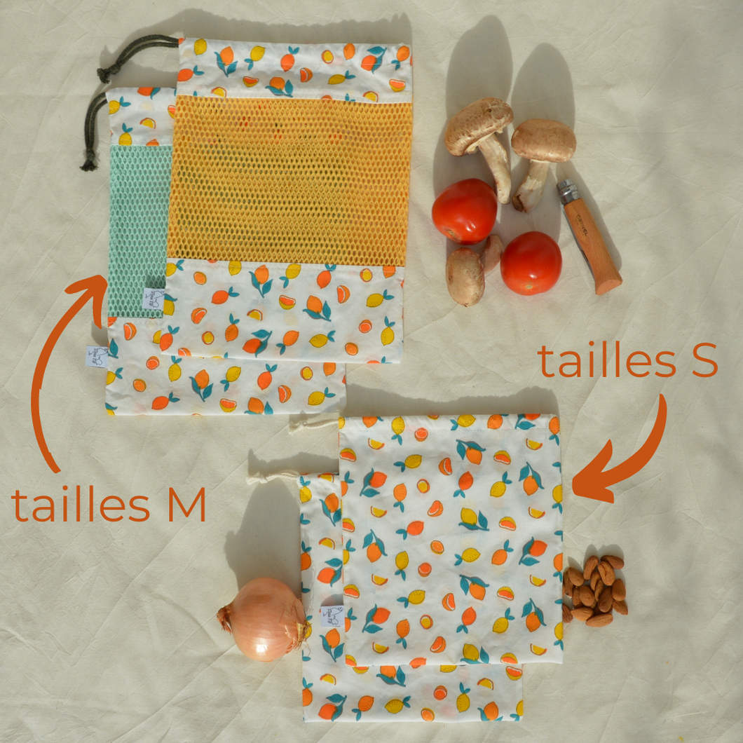 EN STOCK Lot de 4 sacs à vrac / pochons de rangement 100% coton bio - TAILLES S/M - motif citrons