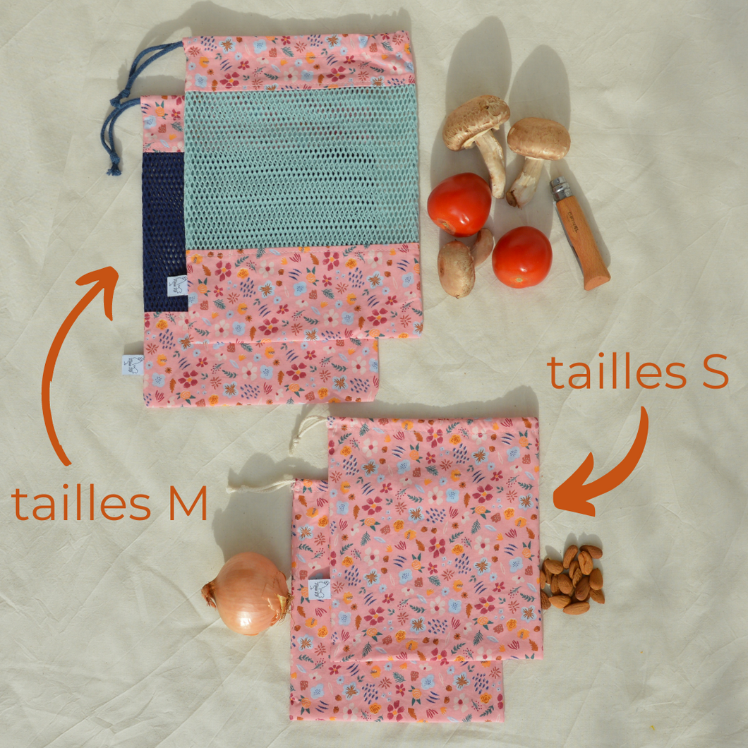 EN STOCK Lot de 4 sacs à vrac / pochons de rangement 100% coton bio - TAILLES S/M - motif fleurs roses