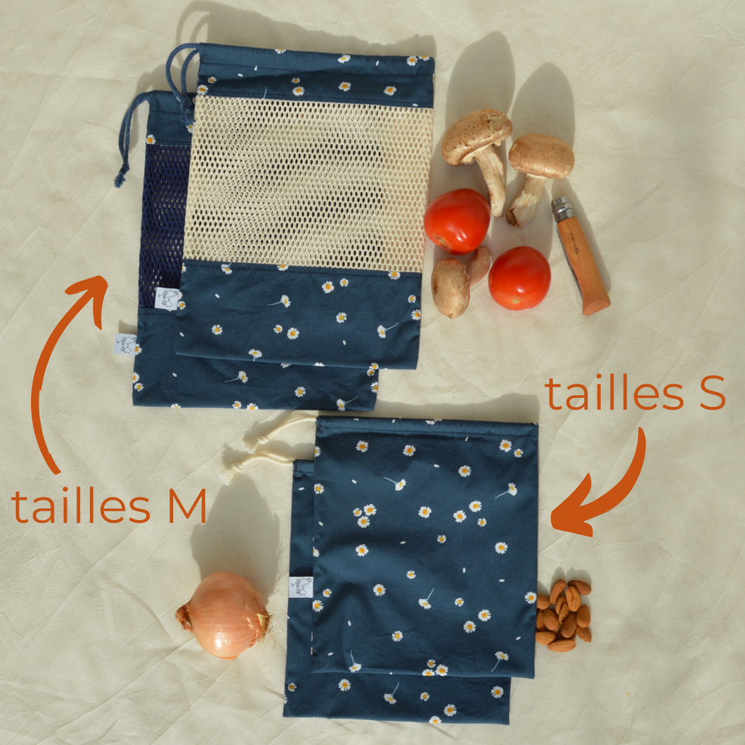 EN STOCK Lot de 4 sacs à vrac / pochons de rangement 100% coton bio - TAILLES S/M - motif marguerites bleu marine