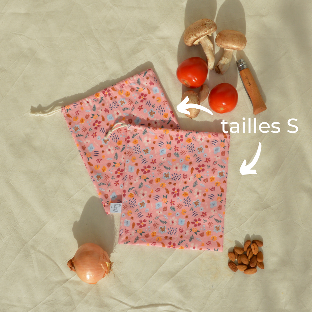 EN STOCK Lot de 2 sacs à vrac / pochons de rangement 100% coton bio - TAILLES S - motif fleurs roses