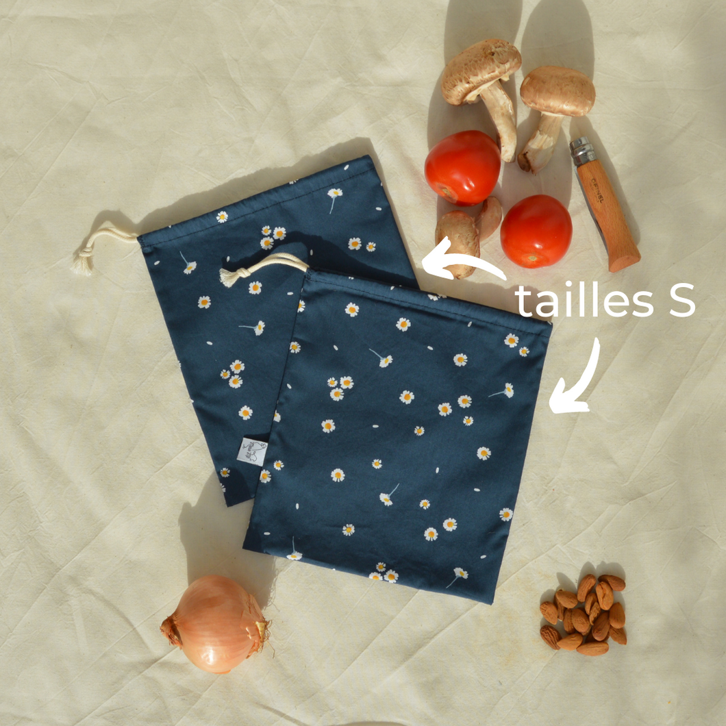 EN STOCK Lot de 2 sacs à vrac / pochons de rangement 100% coton bio - TAILLES S - motif marguerites bleu marine