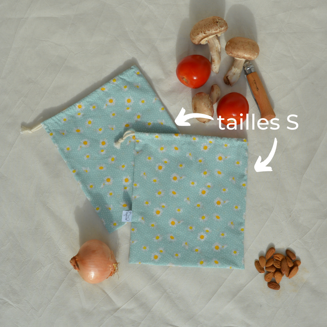 EN STOCK Lot de 2 sacs à vrac / pochons de rangement 100% coton bio - TAILLES S - motif pâquerettes