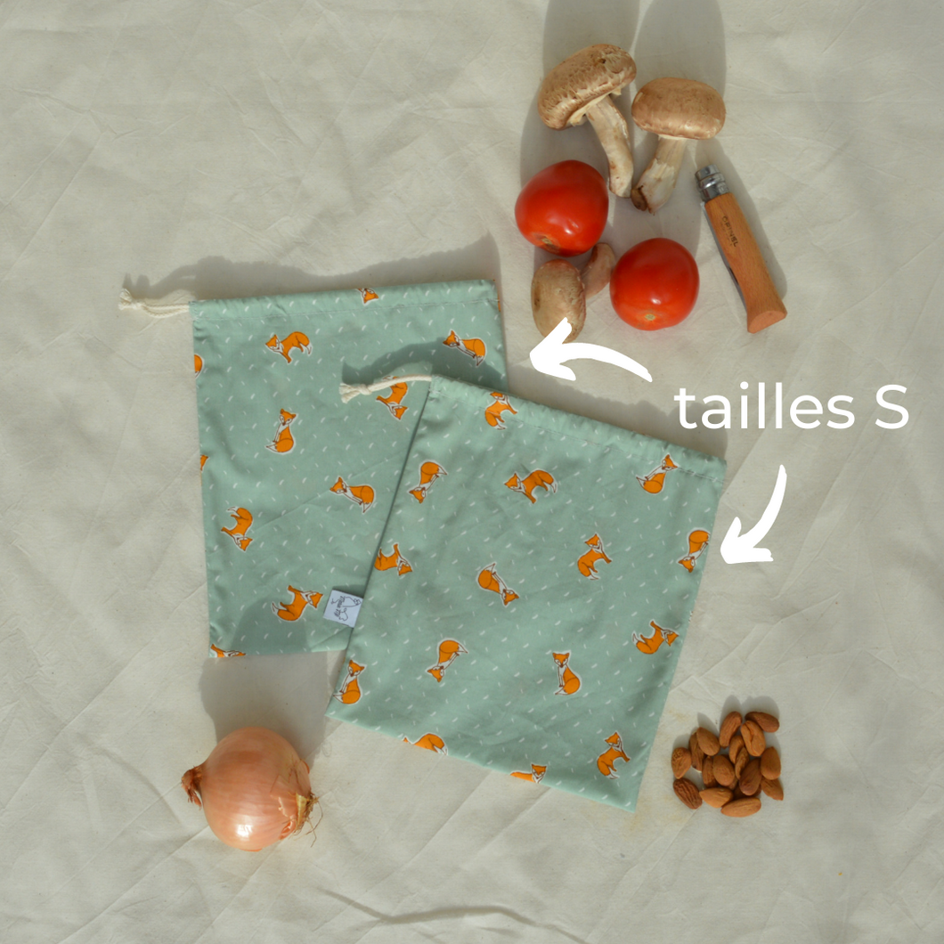 EN STOCK Lot de 2 sacs à vrac / pochons de rangement 100% coton bio - TAILLES S - motif renards