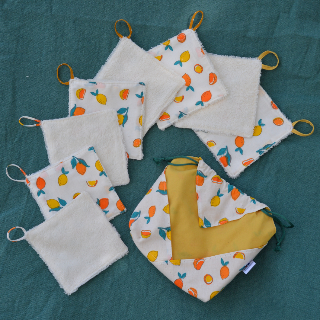 EN STOCK 8 lingettes démaquillantes lavables + pochon de rangement en coton bio et éponge en bambou bio - motif citrons et oranges #2